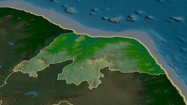 Rio Grande do Norte - Brezilya eyaleti yakınlaştırıldı ve vurgulandı. Ana fiziksel manzara özellikleri. 3B görüntüleme