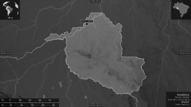 Rondonia, Brezilya eyaleti. Gölleri ve nehirleri olan gri tonlu bir harita. Ülke alanına karşı bilgilendirici örtülerle sunulan şekil. 3B görüntüleme