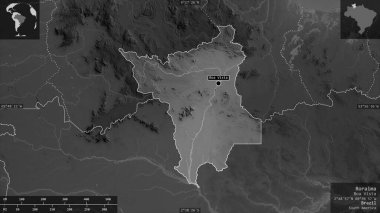 Roraima, Brezilya eyaleti. Gölleri ve nehirleri olan gri tonlu bir harita. Ülke alanına karşı bilgilendirici örtülerle sunulan şekil. 3B görüntüleme
