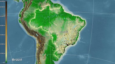 Brezilya bölgesinde, efsanevi stereografik projeksiyondaki fiziksel harita - ana kompozisyon