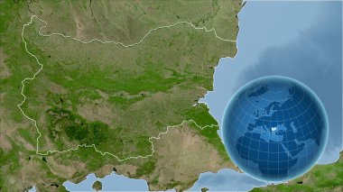 Bulgaristan. Zoom haritasına karşı ülkenin şekline sahip bir dünya. uydu resimleri