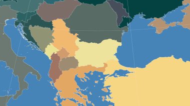 Bulgaristan ve komşuları. Uzak eğimli perspektif - özet yok. idari bölümlerin renk haritası