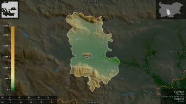 Filibe, Bulgaristan ili. Gölleri ve nehirleri olan renkli gölge verileri. Ülke alanına karşı bilgilendirici örtülerle sunulan şekil. 3B görüntüleme