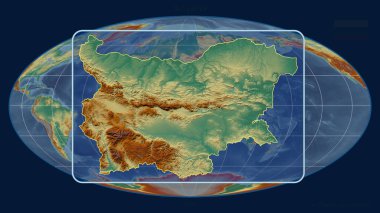 Bulgaristan 'ın Mollweide projeksiyonundaki küresel bir haritaya karşı perspektif çizgileriyle yakınlaştırılmış hali. Şekil merkezli. topografik yardım haritası