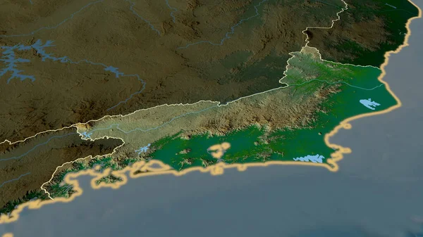 Rio de Janeiro - Brezilya eyaleti yakınlaştırıldı ve vurgulandı. Ana fiziksel manzara özellikleri. 3B görüntüleme
