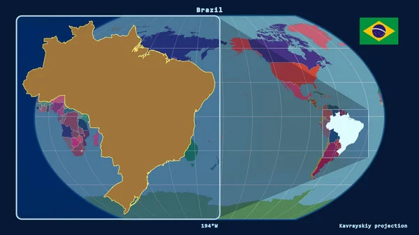 ブラジルのアウトラインを視野線で拡大し 世界地図に対するカヴァライスキー予測 左側の形 行政区画のカラーマップ — ストック写真