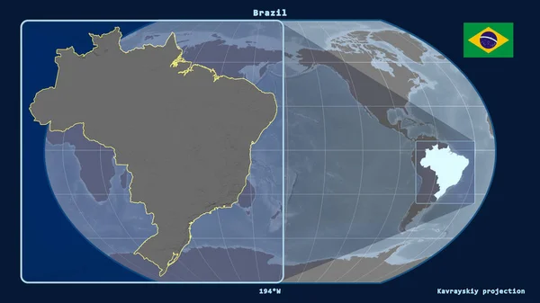 ブラジルのアウトラインを視野線で拡大し 世界地図に対するカヴァライスキー予測 左側の形 グレースケール標高図 — ストック写真