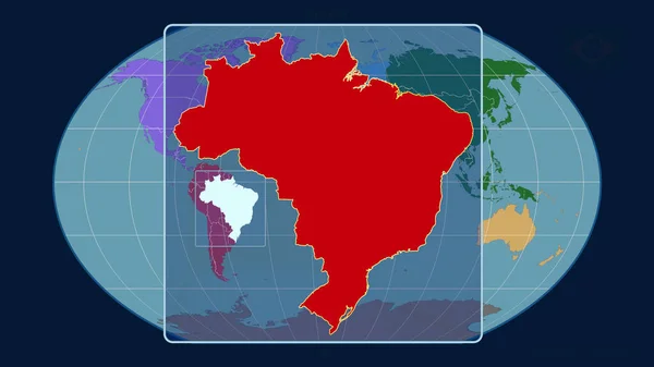 Увеличенный Виду Бразилии Очертания Перспективными Линиями Против Глобальной Карты Каврайском — стоковое фото
