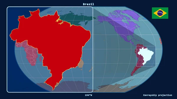 ブラジルのアウトラインを視野線で拡大し 世界地図に対するカヴァライスキー予測 左側の形 大陸のカラーマップ — ストック写真