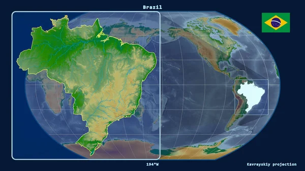 ブラジルのアウトラインを視野線で拡大し 世界地図に対するカヴァライスキー予測 左側の形 色物理図 — ストック写真