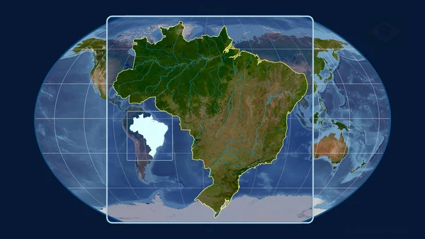 ブラジルのアウトラインを視野線で拡大し 世界地図に対するカヴァライスキー予測 形を中心に 衛星画像 — ストック写真