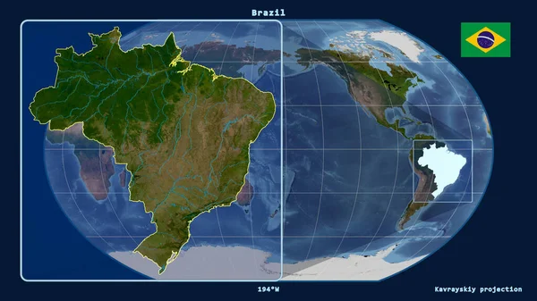 ブラジルのアウトラインを視野線で拡大し 世界地図に対するカヴァライスキー予測 左側の形 衛星画像 — ストック写真