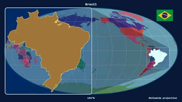 Přiblížený Pohled Brazílii Perspektivními Liniemi Proti Globální Mapě Mollweidově Projekci — Stock fotografie