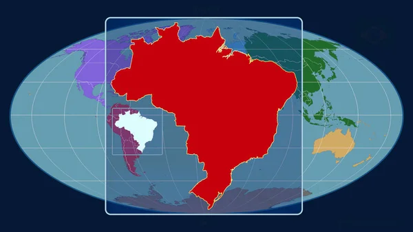 ブラジルのアウトラインを視野線で拡大し Mollweide予測の世界地図に対して 形を中心に 大陸のカラーマップ — ストック写真