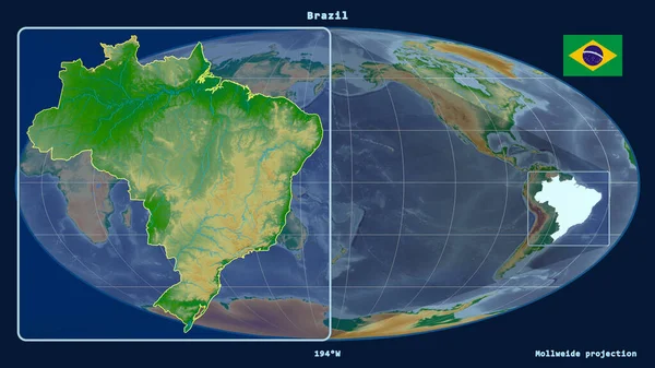 브라질은 바이드 투영도 Mollweide Projection 지도에 선으로 개략적 윤곽을 넣었다 — 스톡 사진