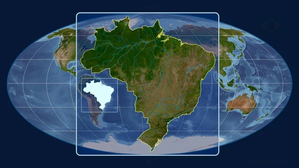 Увеличенный Вид Бразилии Перспективными Линиями Против Глобальной Карты Проекции Моллвейда — стоковое фото
