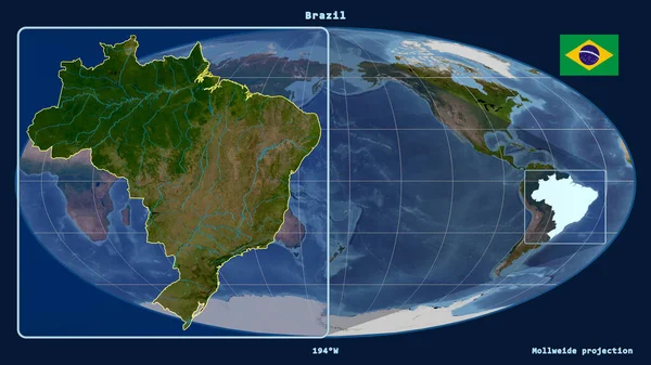 브라질은 바이드 투영도 Mollweide Projection 지도에 선으로 개략적 윤곽을 넣었다 — 스톡 사진