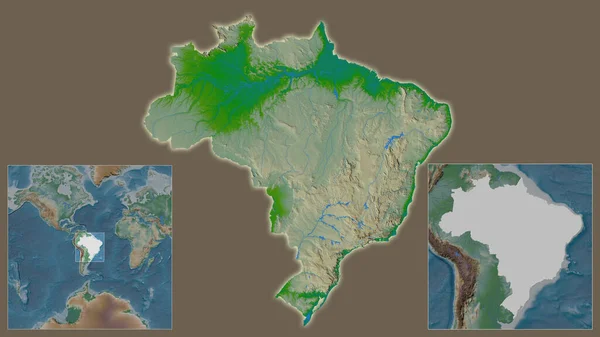 ブラジルのクローズアップと地域と大規模な世界地図の中心部に位置しています 地図の色 — ストック写真