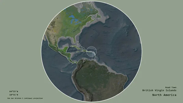 在该大陆的大比例尺地图上用圆圈标出的英属维尔京群岛地区 在绝望的背景下孤立 大写的地理推论和名称 卫星图像 — 图库照片