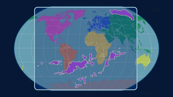 英国領バージン諸島を視野に入れ 世界地図上のカヴァライスキーの投影に対する視点線で輪郭を拡大した 形を中心に 大陸のカラーマップ — ストック写真