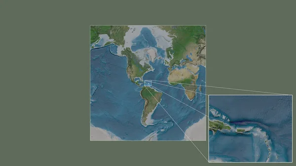フレームの隅を結ぶ主要線で世界の大規模な地図から抽出された英国領バージン諸島の拡大および拡大領域 衛星画像 — ストック写真