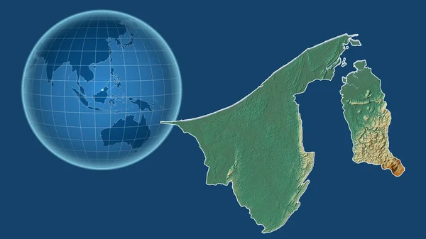 文莱文 与缩放地图相对照的国家形状的球体 其轮廓在蓝色背景上孤立 地形起伏图 — 图库照片
