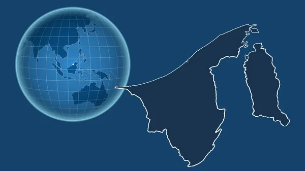 Brunei. Globe with the shape of the country against zoomed map with its outline isolated on the blue background. shapes only - land/ocean mask
