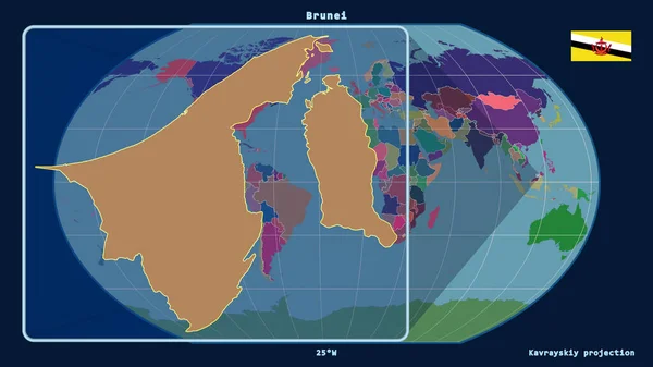 ブルネイのアウトラインを視野に入れ 世界地図に対する視点線をカヴァライスキーの投影で拡大した 左側の形 行政区画のカラーマップ — ストック写真