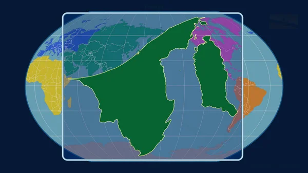 ブルネイのアウトラインを視野に入れ 世界地図に対する視点線をカヴァライスキーの投影で拡大した 形を中心に 大陸のカラーマップ — ストック写真