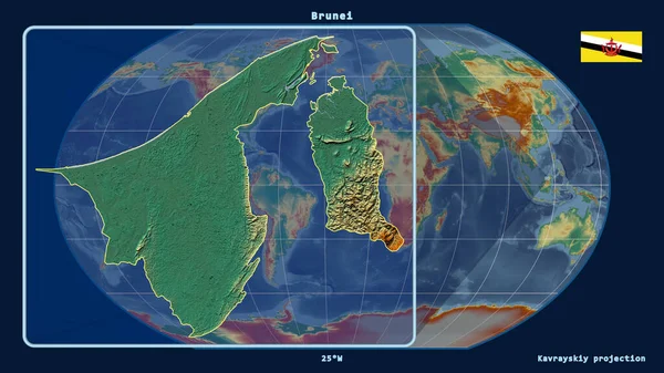 ブルネイのアウトラインを視野に入れ 世界地図に対する視点線をカヴァライスキーの投影で拡大した 左側の形 地形図によると — ストック写真