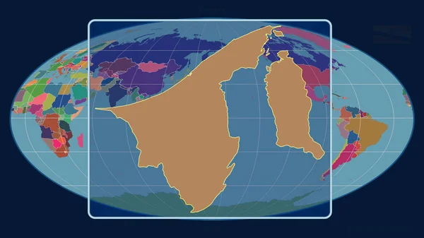 ブルネイのアウトラインを視野に入れながら拡大し モルルワイド予測では世界地図に対する視点線が描かれている 形を中心に 行政区画のカラーマップ — ストック写真