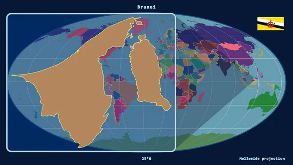 ブルネイのアウトラインを視野に入れながら拡大し モルルワイド予測では世界地図に対する視点線が描かれている 左側の形 行政区画のカラーマップ — ストック写真