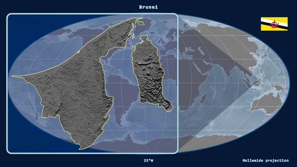 ブルネイのアウトラインを視野に入れながら拡大し モルルワイド予測では世界地図に対する視点線が描かれている 左側の形 グレースケール標高図 — ストック写真