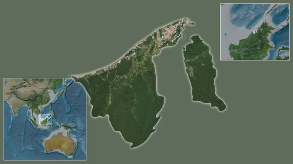 对文莱及其在该区域和大比例尺世界地图中心的位置进行密切的调查 卫星图像 — 图库照片
