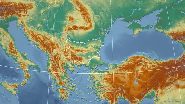 Bulgária Szomszédság Távoli Perspektíva Ország Körvonalaival Topográfiai Domborzati Térkép — Stock Fotó