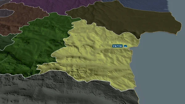 Varna - province of Bulgaria zoomed and highlighted with capital. Colored and bumped map of the administrative division. 3D rendering