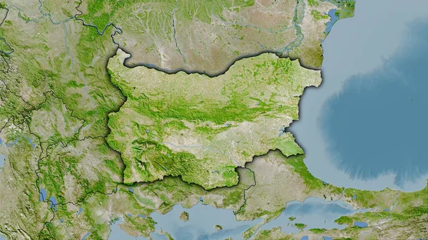 衛星上のブルガリア地域立体投影の地図 暗い輝線の輪郭を持つラスター層の生の組成 — ストック写真