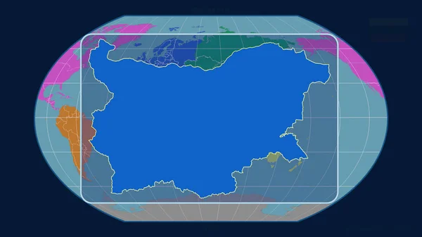 ブルガリアのアウトラインを視野に入れ 世界地図に対する視点線をカヴァライスキー投影で拡大した 形を中心に 大陸のカラーマップ — ストック写真