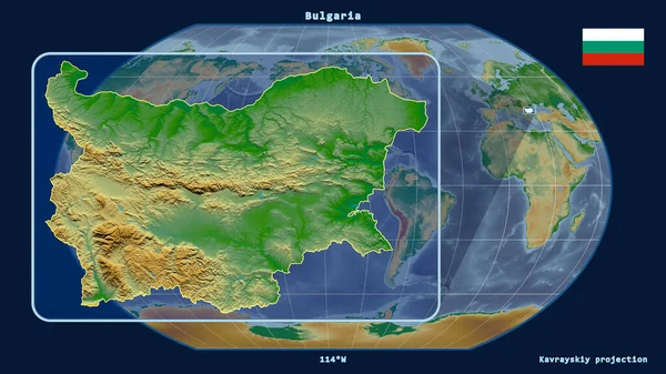 Увеличенный Вид Болгарию Перспективными Линиями Против Глобальной Карты Каврайской Проекции — стоковое фото