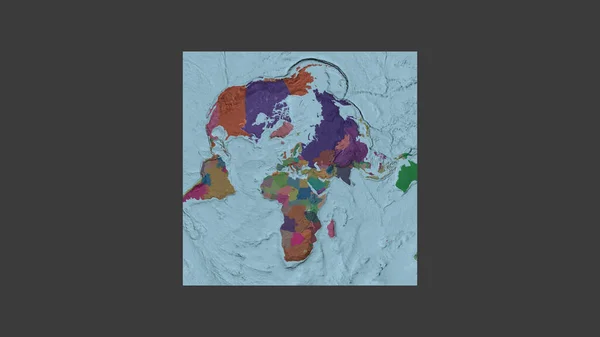 世界大比例尺地图的正方形框架 呈倾斜的范德格林登投影 以保加利亚领土为中心 行政区划的彩色地图 — 图库照片