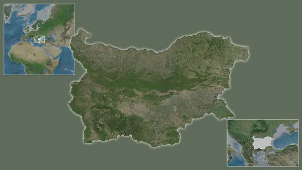保加利亚的近景及其在该区域的位置 以及在一个大比例尺世界地图中心的位置 卫星图像 — 图库照片