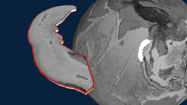 Burma tektonik plakası çıkarıldı ve dünyaya karşı sunuldu. Gri tonlama yükseklik haritası. 3B görüntüleme