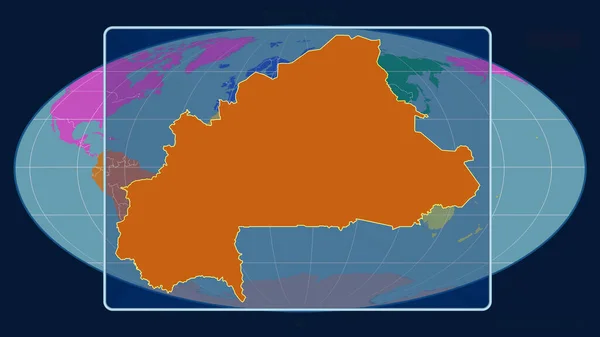 ブルキナファソのアウトラインを視野に入れ モルルワイド予測の世界地図に対する視点線を拡大した 形を中心に 大陸のカラーマップ — ストック写真