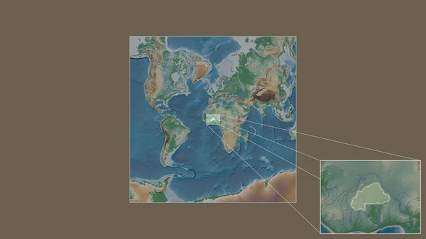 ブルキナファソの拡大 拡大地域は 世界の大規模な地図から抽出され フレームの隅を結ぶ主要な線で構成されています 地図の色 — ストック写真