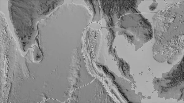 ビルマプレートエリアに隣接する地域のグレースケールの地図上の構造プレートの境界 ヴァン グリンテンI予測 斜めの変換 — ストック写真