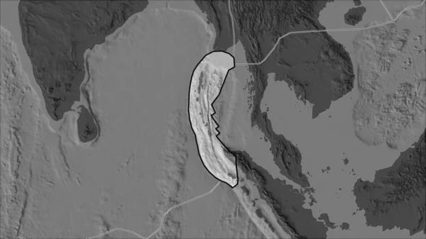 隣接する地域の砂漠化によって分離された二階の標高地図上のビルマ地殻プレートの概要 ヴァン グリンテンI予測 斜めの変換 — ストック写真