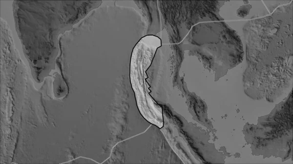 その隣接地域の枯渇によって区切られたグレースケールマップ上のビルマ地殻プレートの概要 ヴァン グリンテンI予測 斜めの変換 — ストック写真