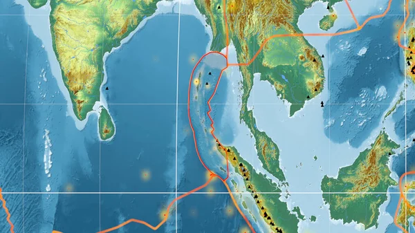 在Kavrayskiy投影中 全球地形图上勾勒出缅甸板块的轮廓 3D渲染 — 图库照片