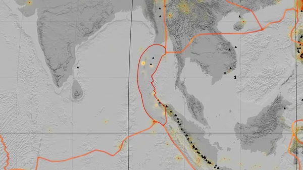 ミャンマーの地殻プレートは モルデ予測の世界的なグレースケールの標高マップについて概説しました 3Dレンダリング — ストック写真