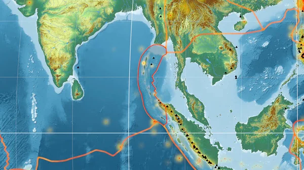 Die Tektonische Platte Burmas Umrissen Auf Der Globalen Topografischen Reliefkarte — Stockfoto